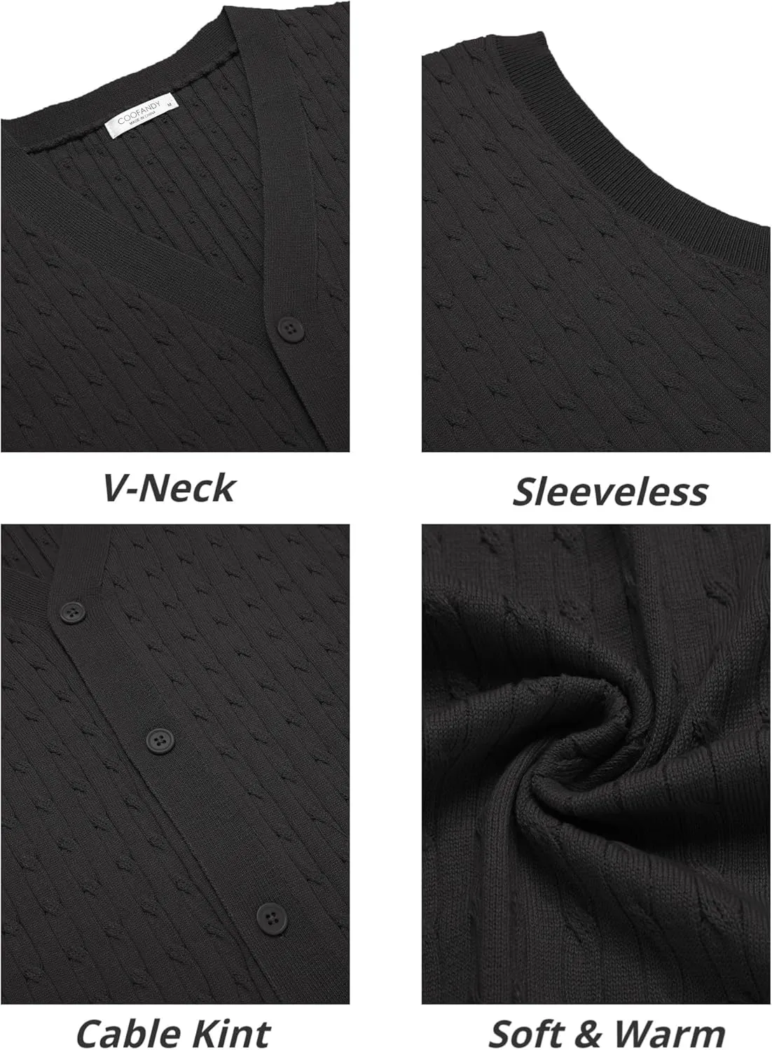 COOFANDY Men's Sleeveless Sweater Vest V-Neck Casual Cable Knit Button Down Cardigan Vest