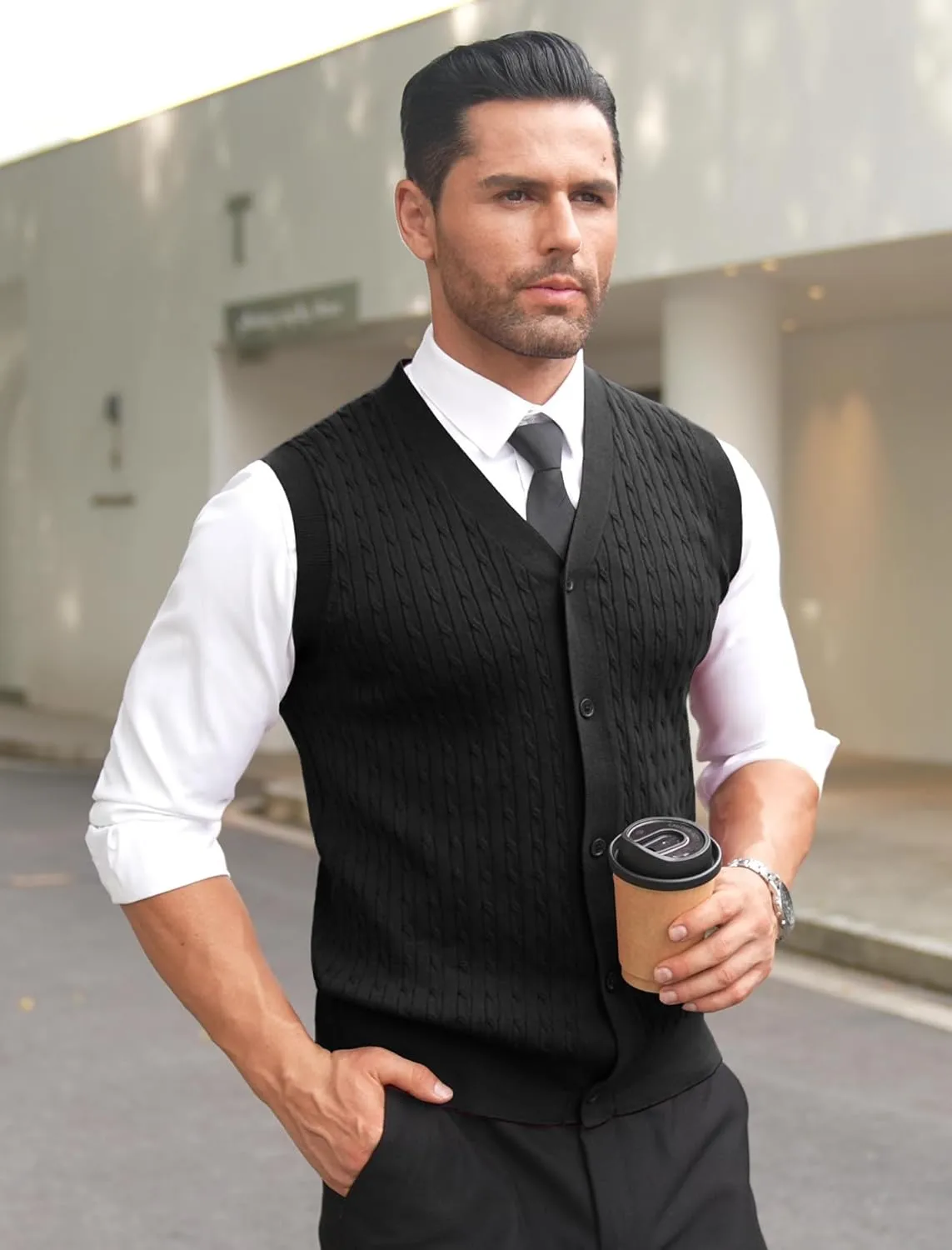 COOFANDY Men's Sleeveless Sweater Vest V-Neck Casual Cable Knit Button Down Cardigan Vest