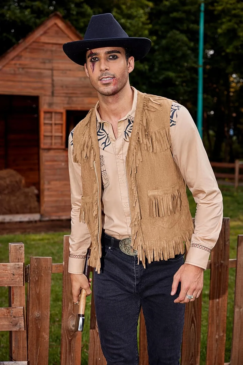 COOFANDY Men's Western Cowboy Vest Casual Fringe Hippie Costume V Neck Zipper Suede Leather Waistcoat