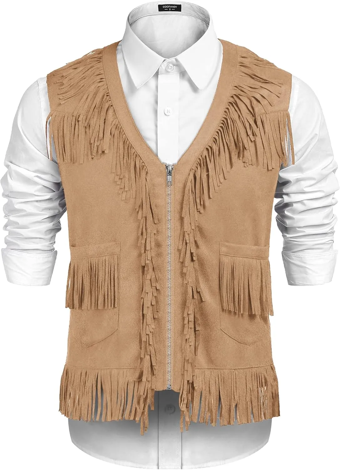 COOFANDY Men's Western Cowboy Vest Casual Fringe Hippie Costume V Neck Zipper Suede Leather Waistcoat