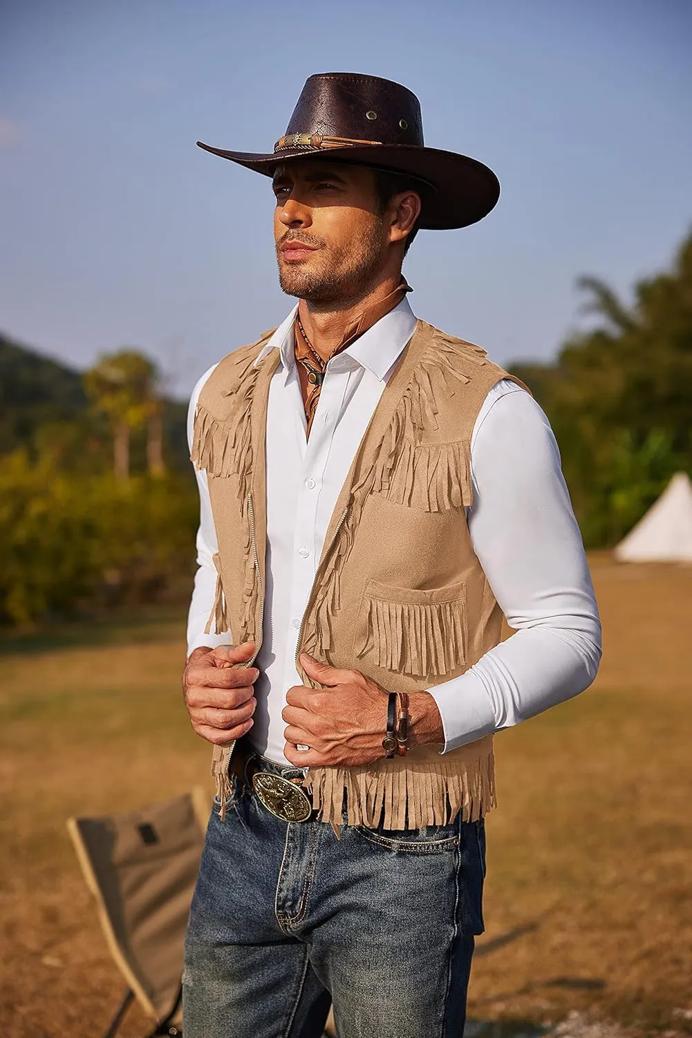 COOFANDY Men's Western Cowboy Vest Casual Fringe Hippie Costume V Neck Zipper Suede Leather Waistcoat