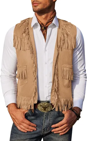COOFANDY Men's Western Cowboy Vest Casual Fringe Hippie Costume V Neck Zipper Suede Leather Waistcoat