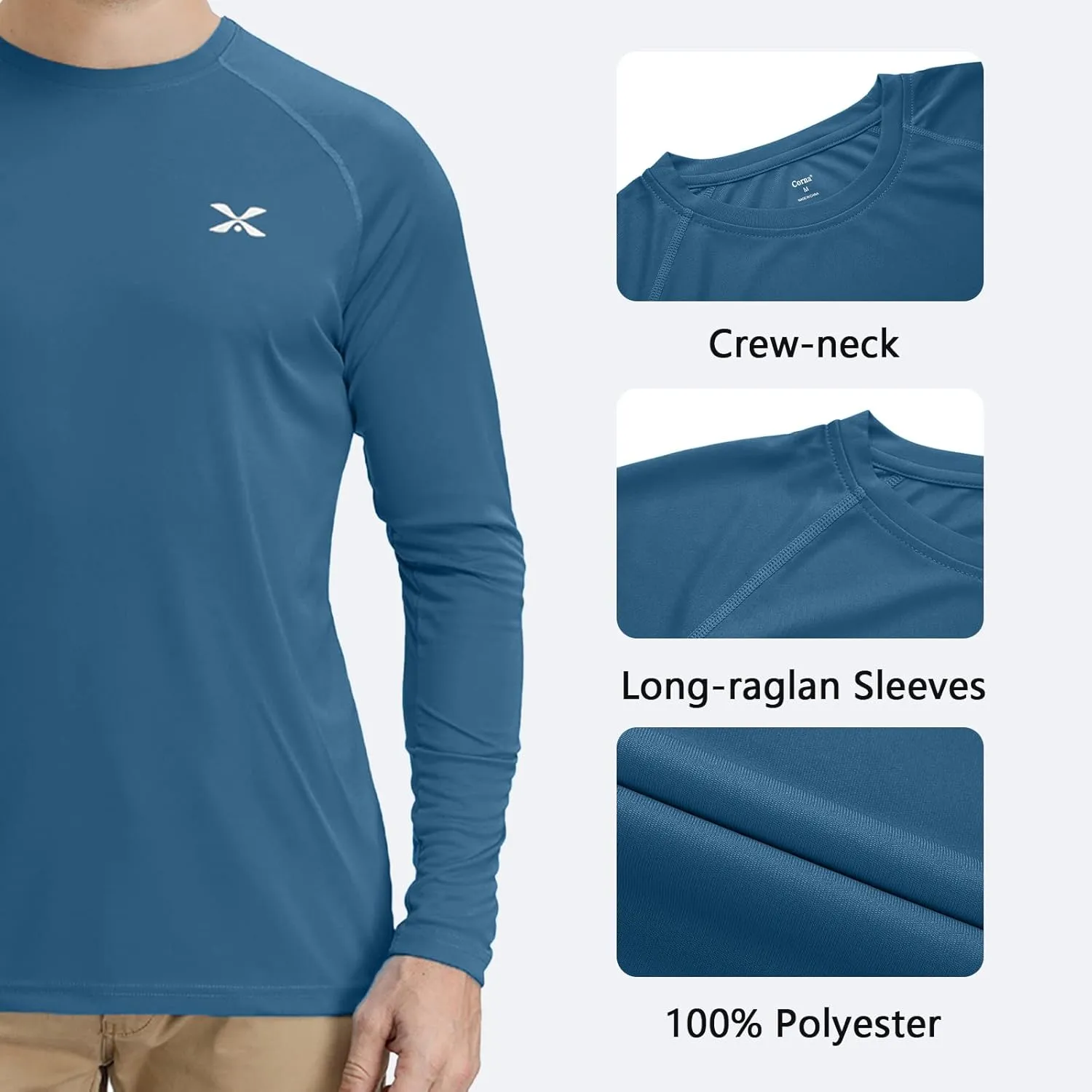 Corna Men's Long Sleeve Crew Neck T-Shirt Moisture Wicking Performance Athletic Shirts Quick Dry UPF 50 