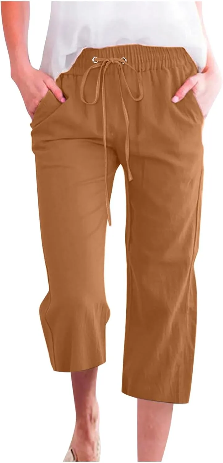Cotton Linen Capris for Women Straight Leg Casual Summer Beach Pants Elastic Waist Pull On Capri Pants with Pockets
