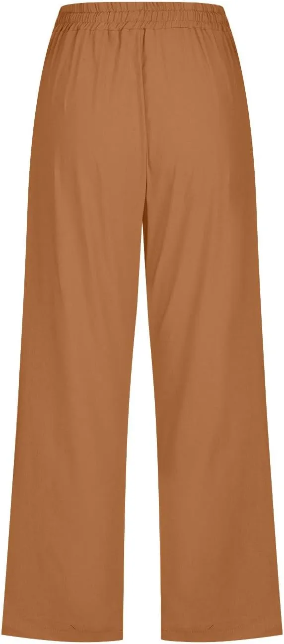 Cotton Linen Capris for Women Straight Leg Casual Summer Beach Pants Elastic Waist Pull On Capri Pants with Pockets