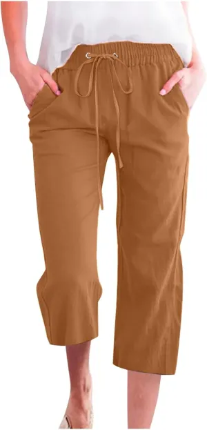 Cotton Linen Capris for Women Straight Leg Casual Summer Beach Pants Elastic Waist Pull On Capri Pants with Pockets