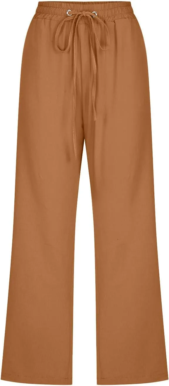 Cotton Linen Capris for Women Straight Leg Casual Summer Beach Pants Elastic Waist Pull On Capri Pants with Pockets