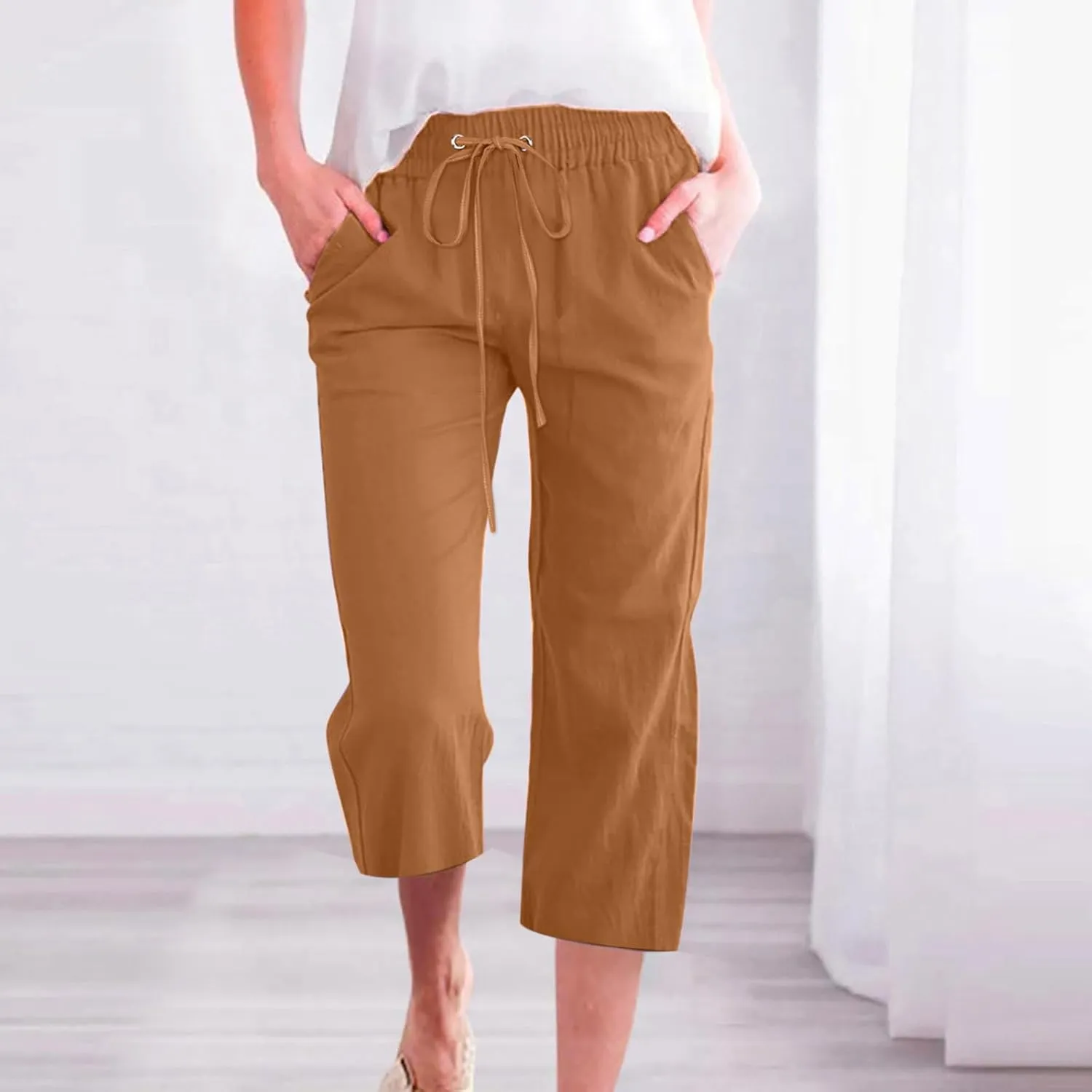 Cotton Linen Capris for Women Straight Leg Casual Summer Beach Pants Elastic Waist Pull On Capri Pants with Pockets