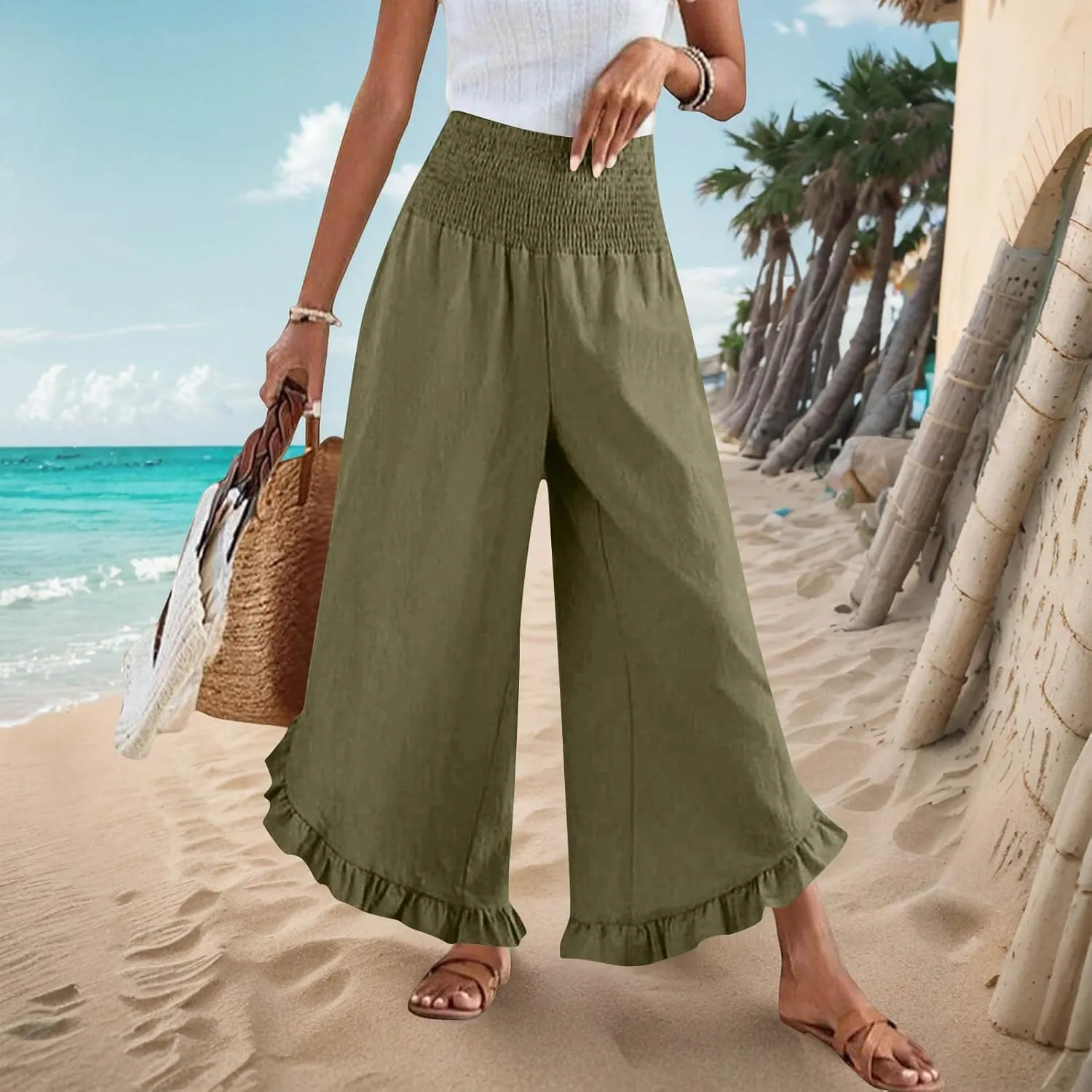 Cotton Linen Wide Leg Pants for Women Casual Summer High Elastic Waist Flowy Pants Ruffle Hem Palazzo Trousers