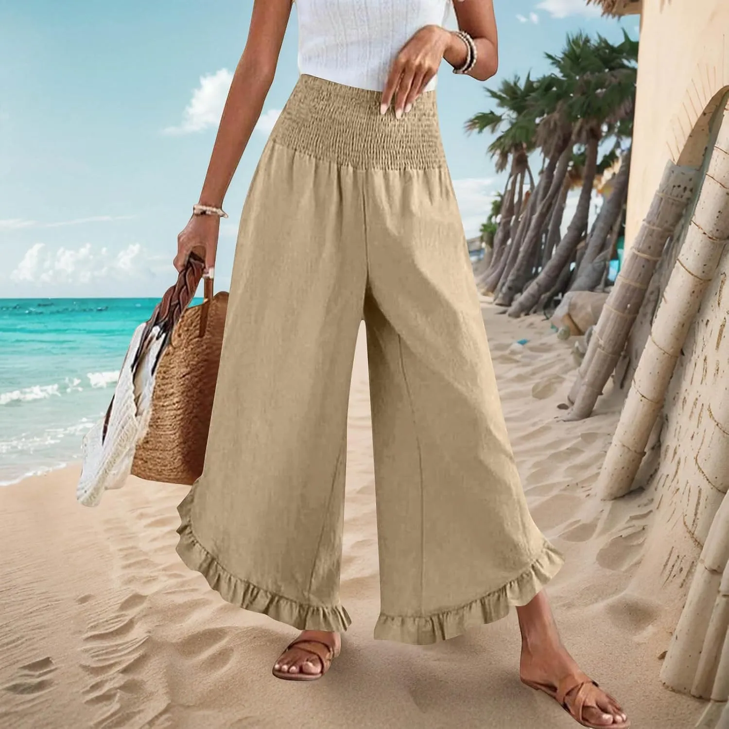 Cotton Linen Wide Leg Pants for Women Casual Summer High Elastic Waist Flowy Pants Ruffle Hem Palazzo Trousers