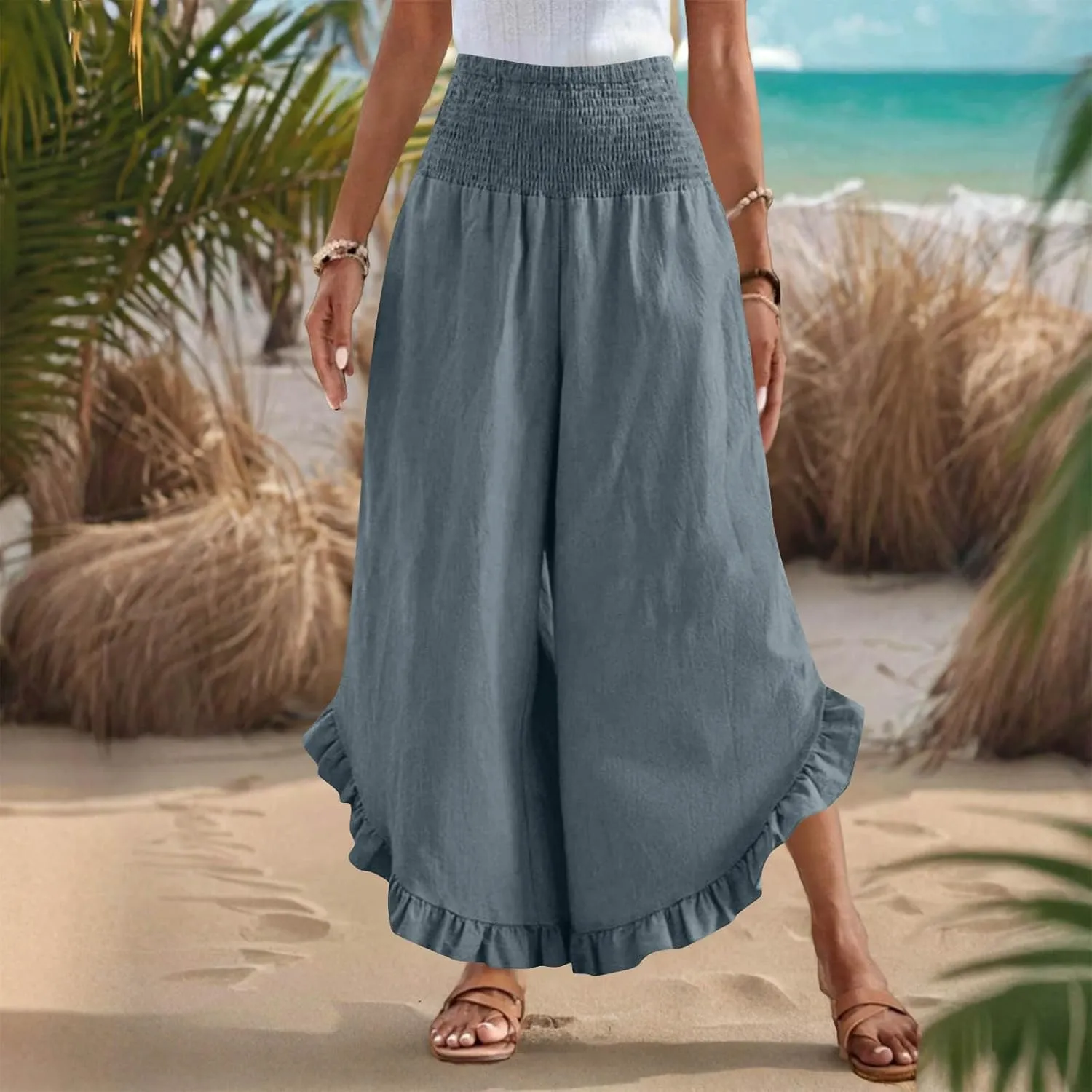 Cotton Linen Wide Leg Pants for Women Casual Summer High Elastic Waist Flowy Pants Ruffle Hem Palazzo Trousers