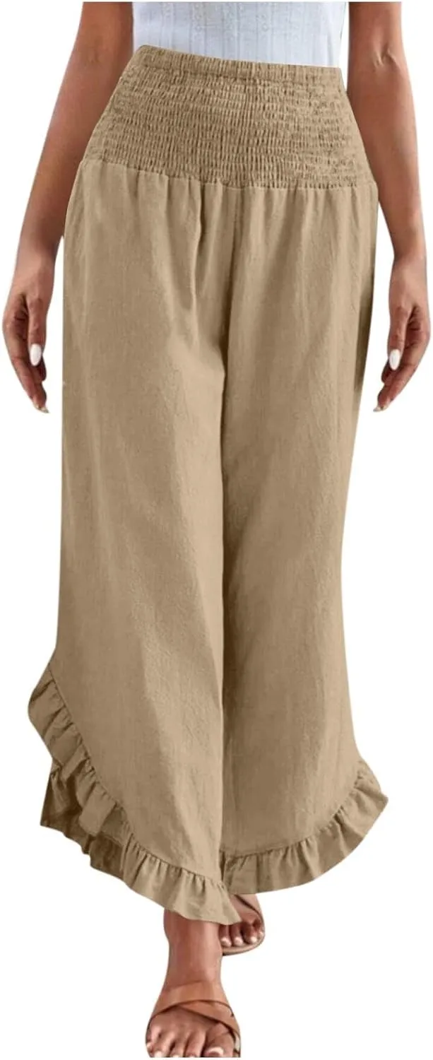 Cotton Linen Wide Leg Pants for Women Casual Summer High Elastic Waist Flowy Pants Ruffle Hem Palazzo Trousers