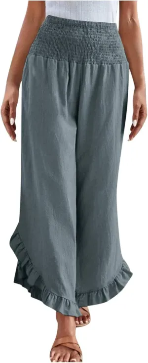 Cotton Linen Wide Leg Pants for Women Casual Summer High Elastic Waist Flowy Pants Ruffle Hem Palazzo Trousers