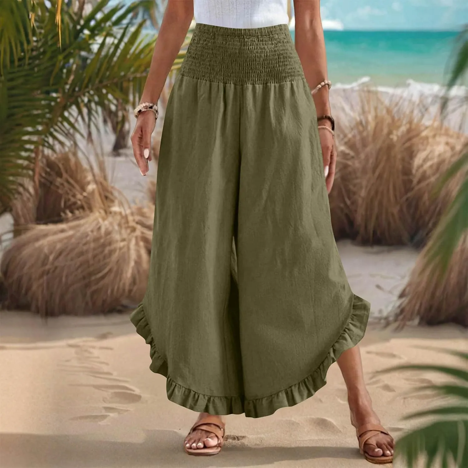Cotton Linen Wide Leg Pants for Women Casual Summer High Elastic Waist Flowy Pants Ruffle Hem Palazzo Trousers