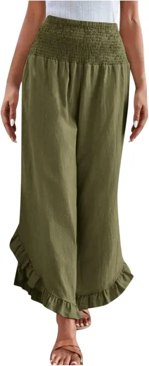 Cotton Linen Wide Leg Pants for Women Casual Summer High Elastic Waist Flowy Pants Ruffle Hem Palazzo Trousers