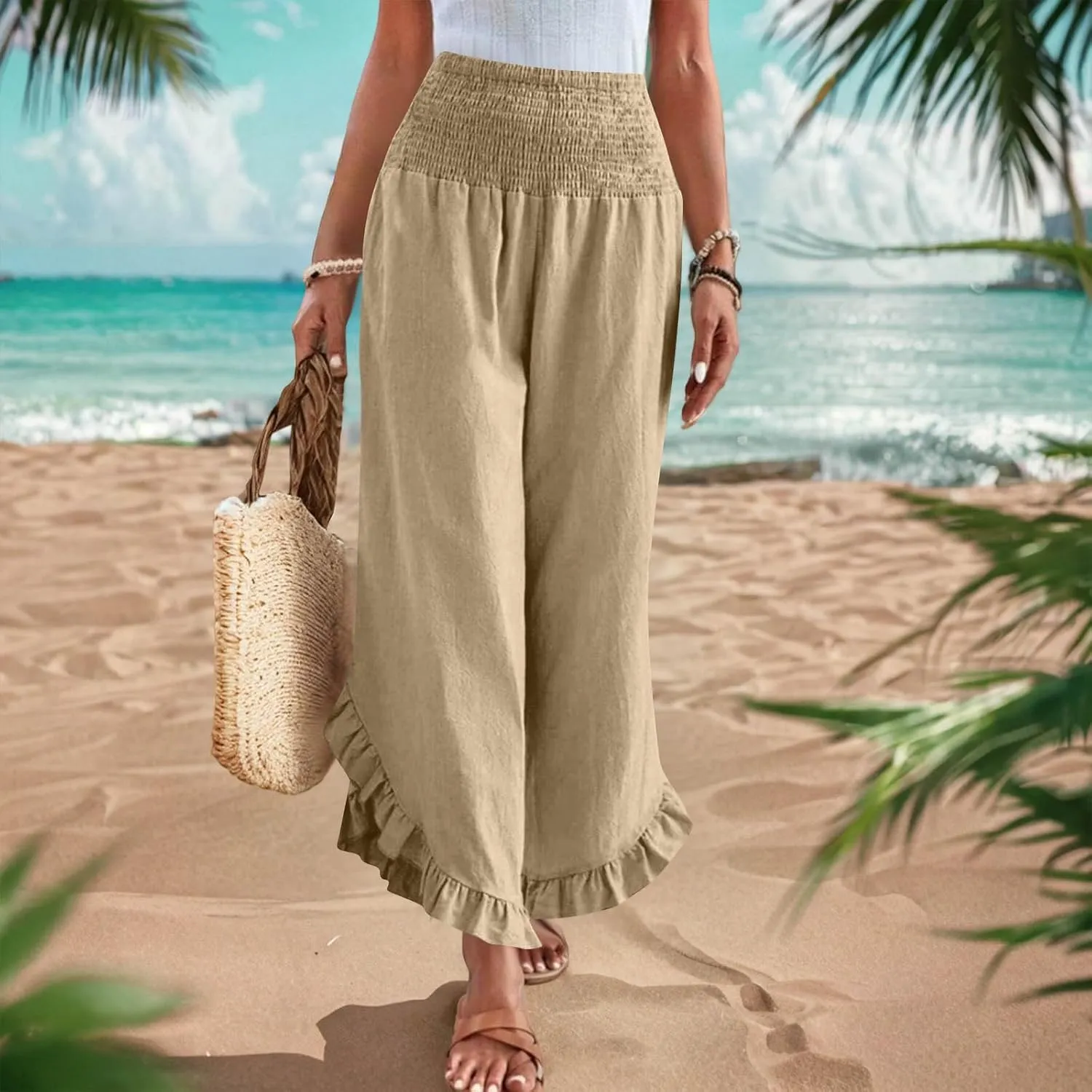 Cotton Linen Wide Leg Pants for Women Casual Summer High Elastic Waist Flowy Pants Ruffle Hem Palazzo Trousers