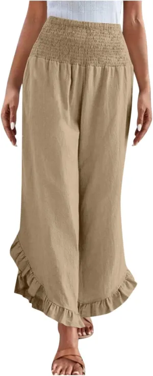 Cotton Linen Wide Leg Pants for Women Casual Summer High Elastic Waist Flowy Pants Ruffle Hem Palazzo Trousers