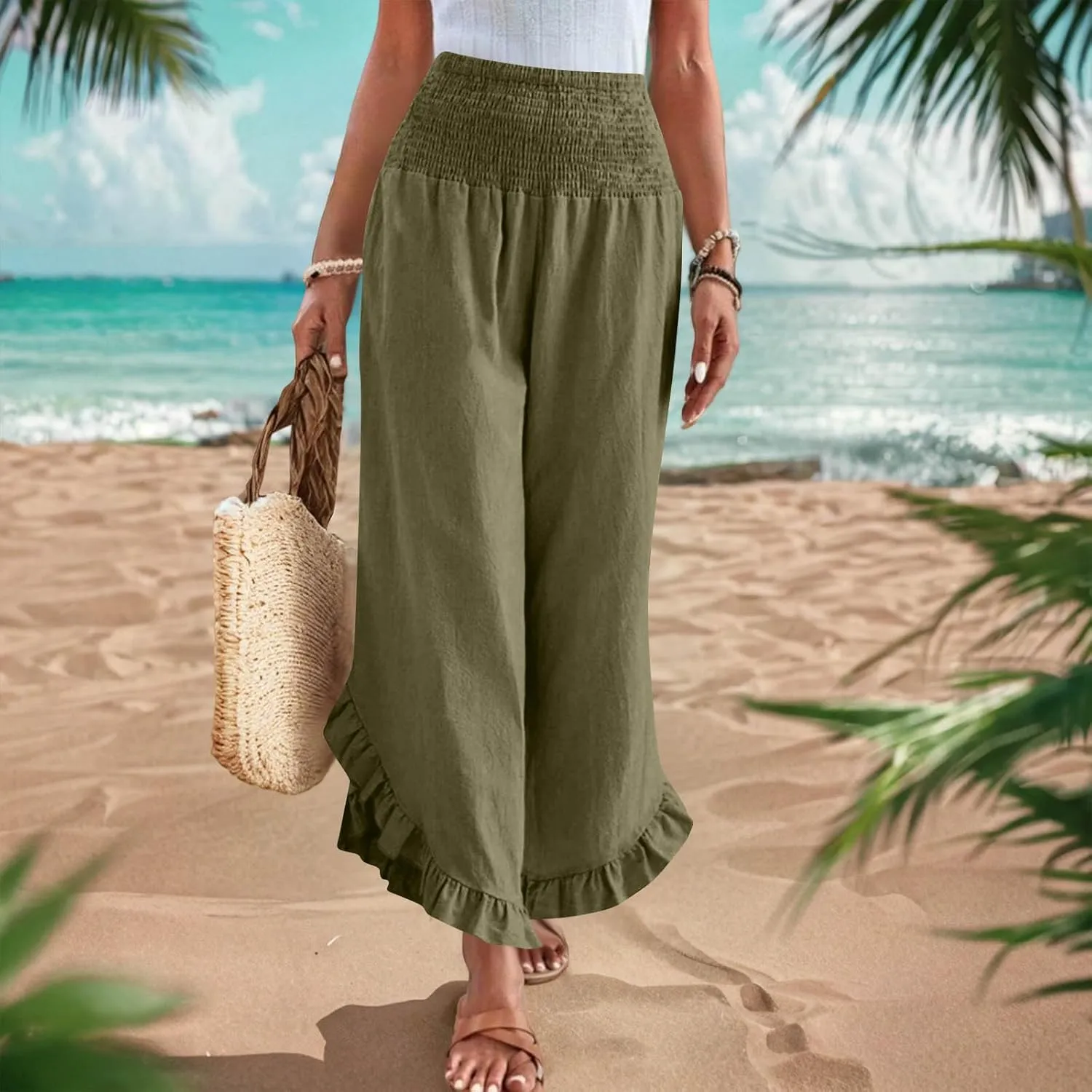 Cotton Linen Wide Leg Pants for Women Casual Summer High Elastic Waist Flowy Pants Ruffle Hem Palazzo Trousers