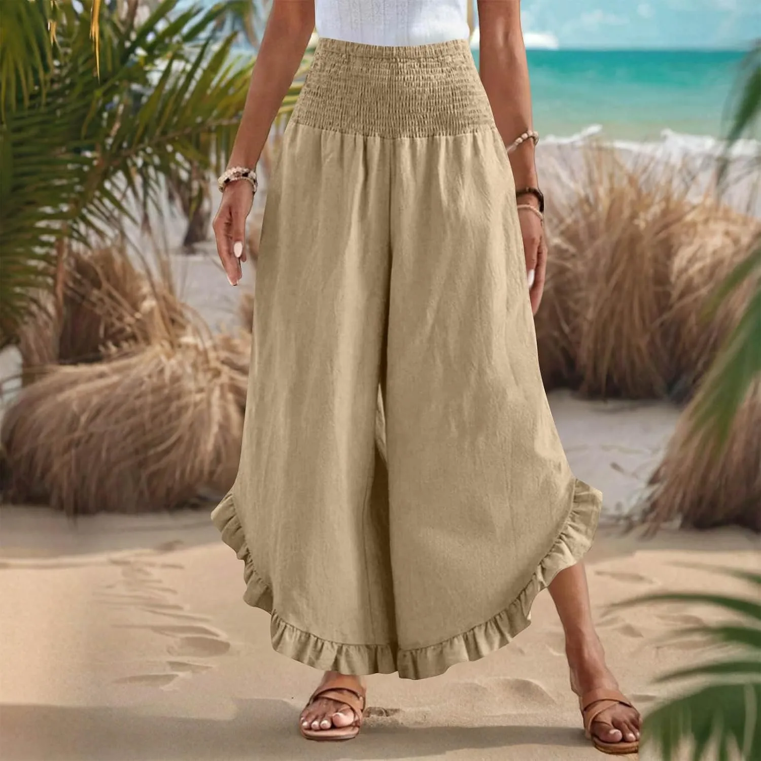 Cotton Linen Wide Leg Pants for Women Casual Summer High Elastic Waist Flowy Pants Ruffle Hem Palazzo Trousers