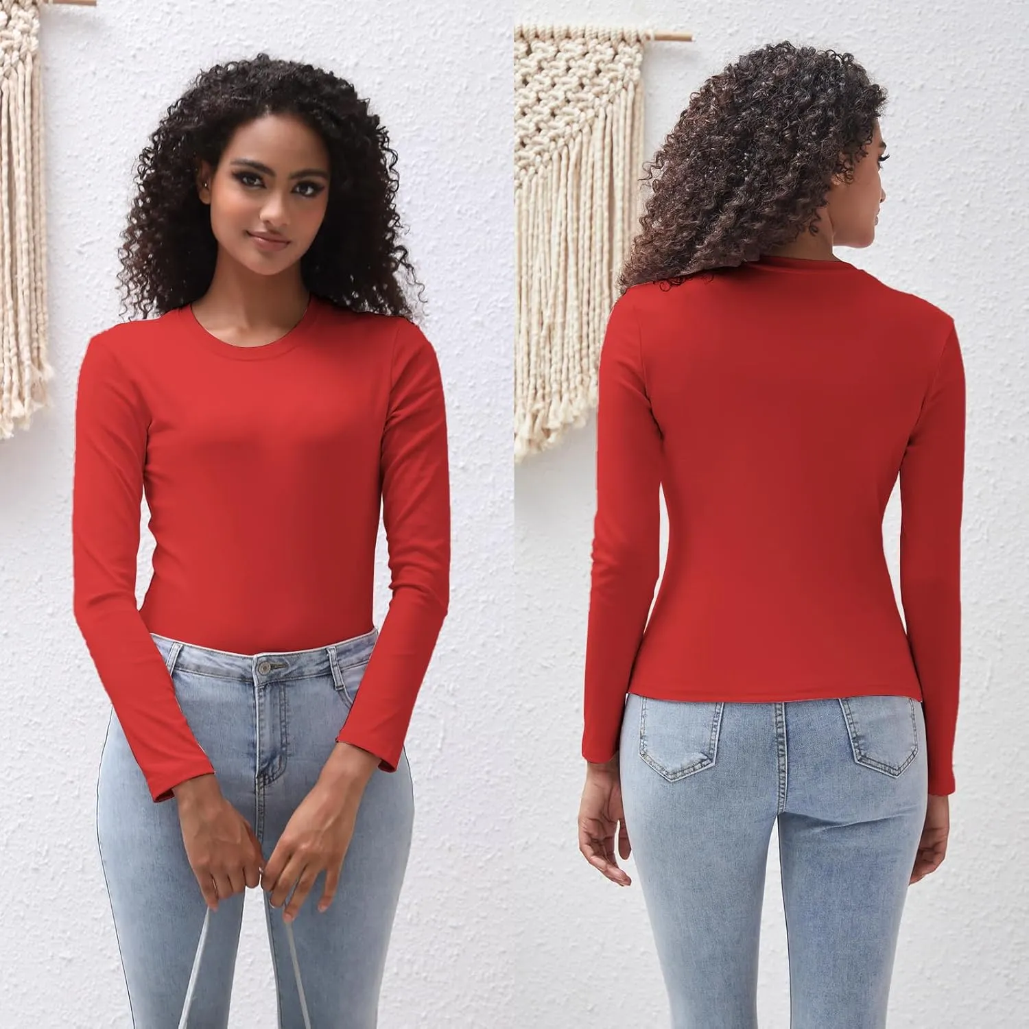 Cotton Long Sleeve Tee Shirts for Women Slim Fit Tshirts Basic Tops Tight Crewneck Layering Undershirts
