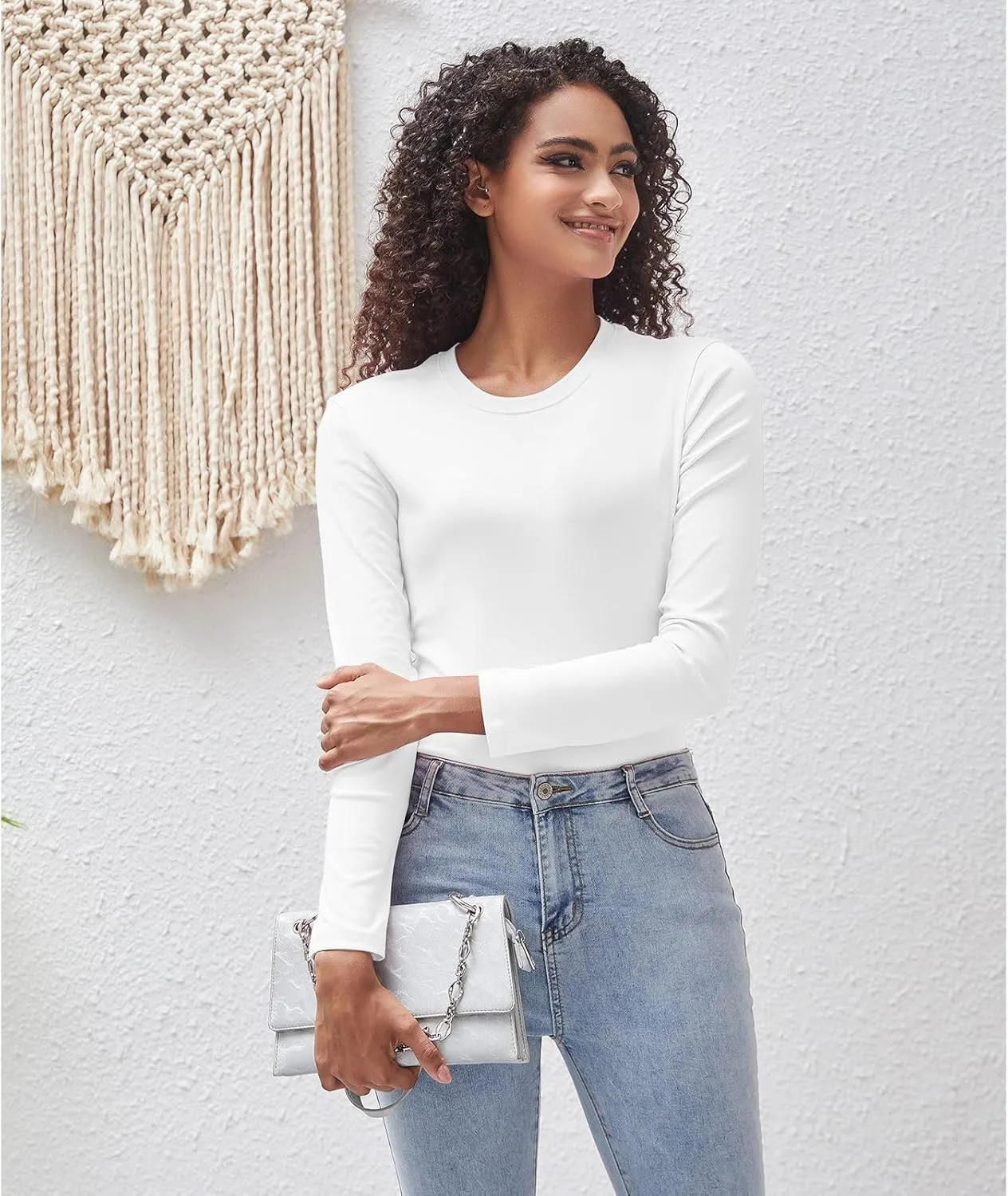 Cotton Long Sleeve Tee Shirts for Women Slim Fit Tshirts Basic Tops Tight Crewneck Layering Undershirts