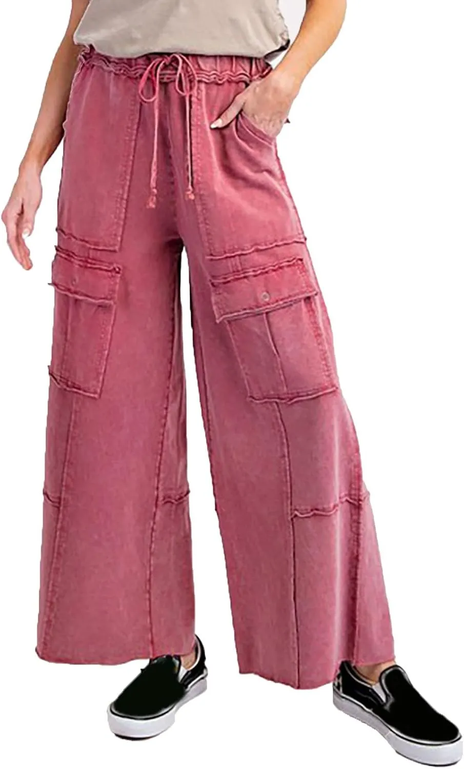 Culottes for Women Casual Summer Elastic Waist Cargo Jeans Loose Fit Lightweight Flowy Wide Leg Palazzo Pants with Pockets