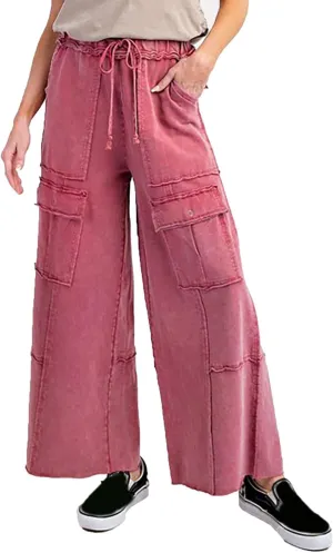 Culottes for Women Casual Summer Elastic Waist Cargo Jeans Loose Fit Lightweight Flowy Wide Leg Palazzo Pants with Pockets