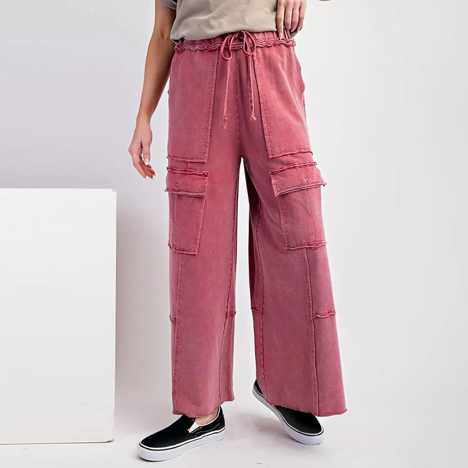 Culottes for Women Casual Summer Elastic Waist Cargo Jeans Loose Fit Lightweight Flowy Wide Leg Palazzo Pants with Pockets