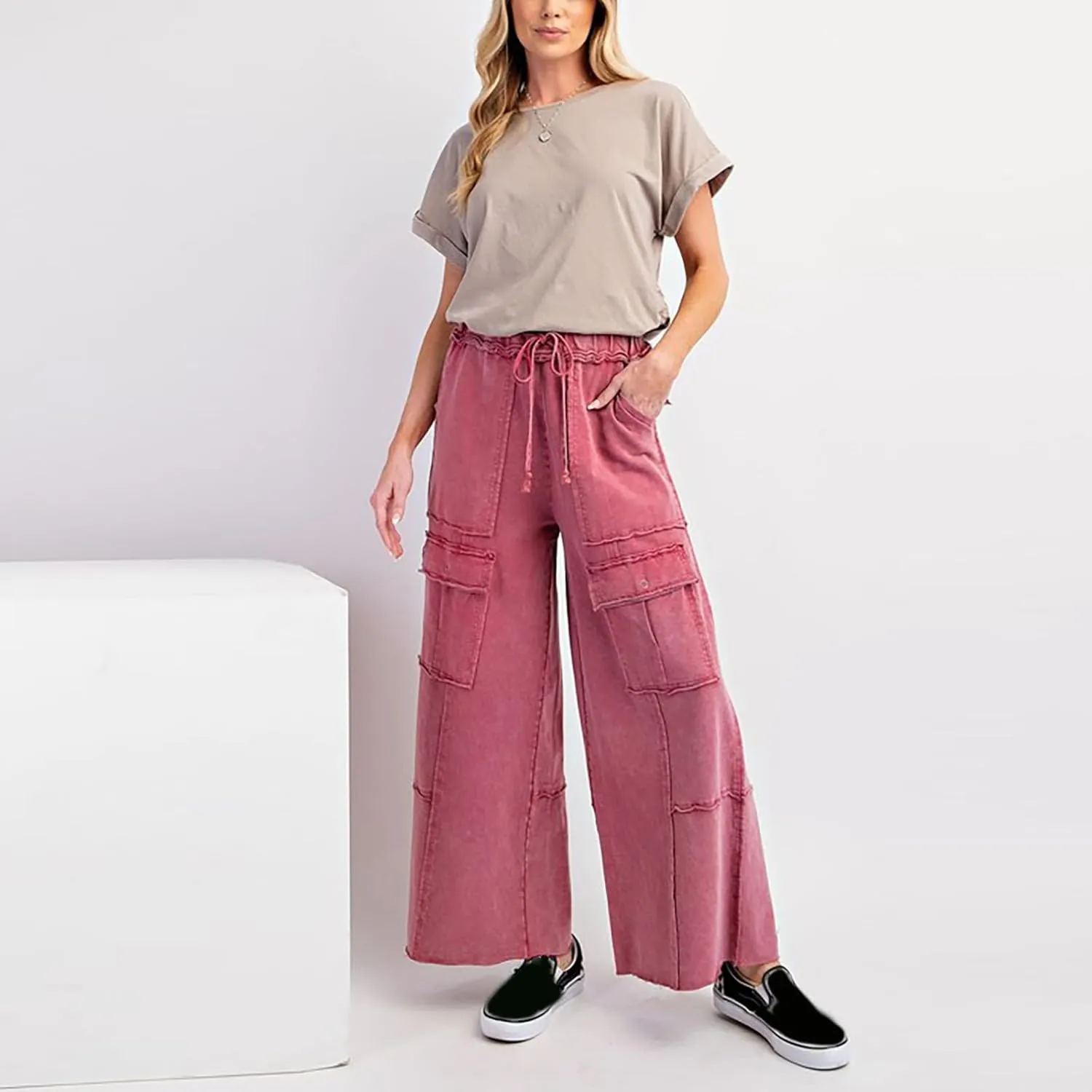 Culottes for Women Casual Summer Elastic Waist Cargo Jeans Loose Fit Lightweight Flowy Wide Leg Palazzo Pants with Pockets