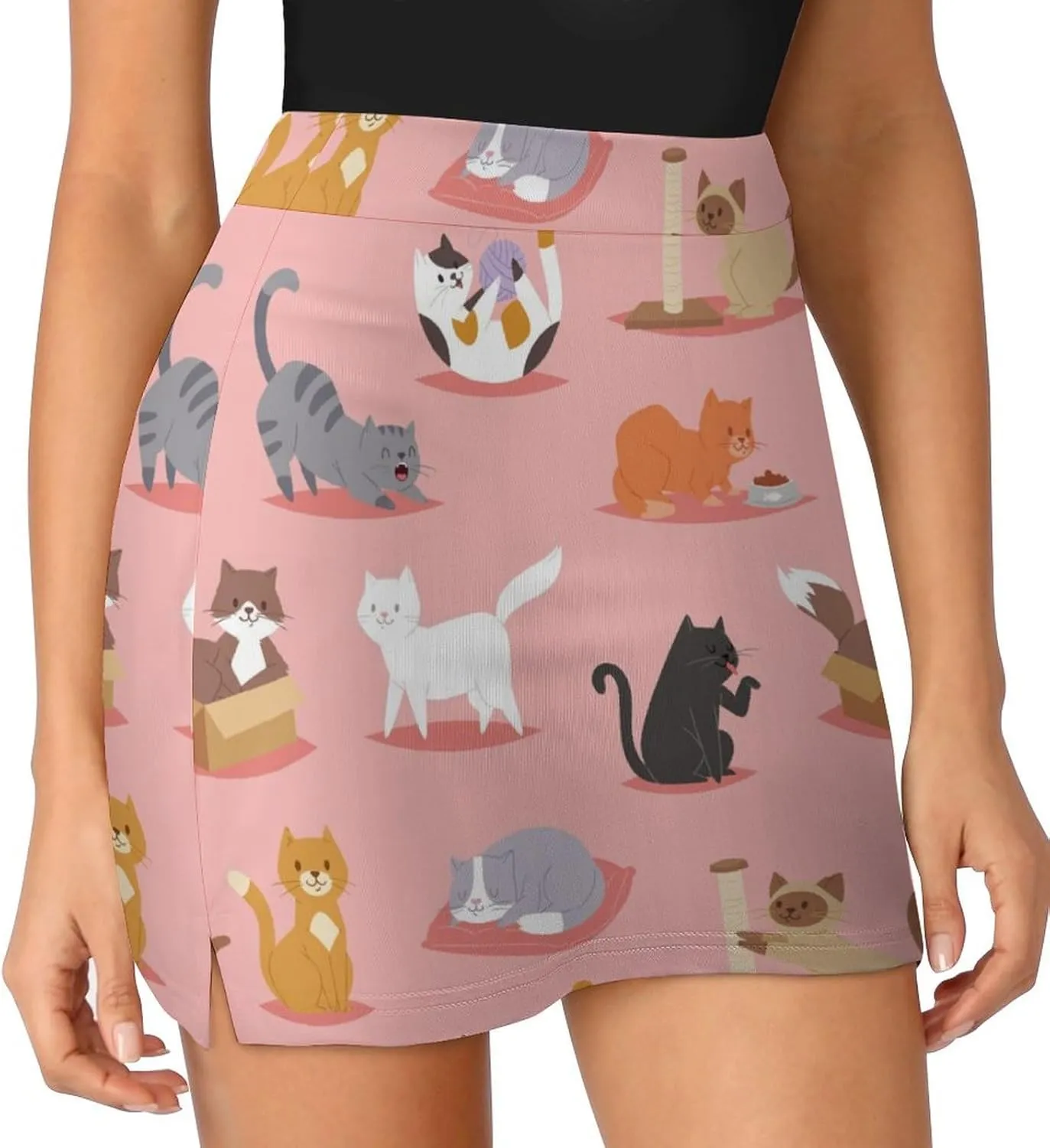 Cute Cats Pattern Women's Mini Tennis Skirt with Shorts Underneath Athletic Workout Cute Skorts