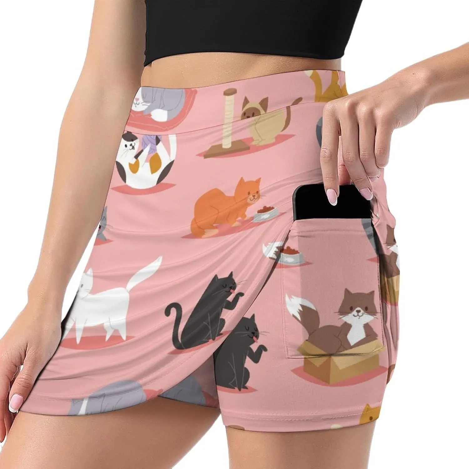 Cute Cats Pattern Women's Mini Tennis Skirt with Shorts Underneath Athletic Workout Cute Skorts
