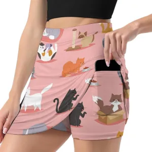 Cute Cats Pattern Women's Mini Tennis Skirt with Shorts Underneath Athletic Workout Cute Skorts