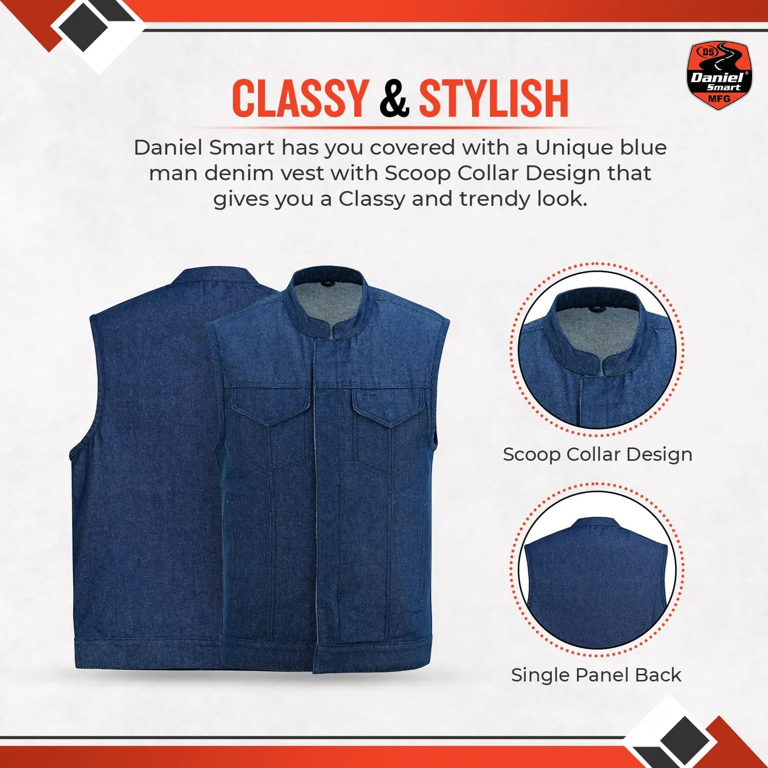 Daniel Smart Biker Vest for Men Rough Blue & Black Denim Vest with Unique Scoop Collar Design & Concealment Armory Pocket