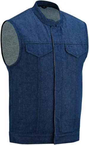 Daniel Smart Biker Vest for Men Rough Blue & Black Denim Vest with Unique Scoop Collar Design & Concealment Armory Pocket