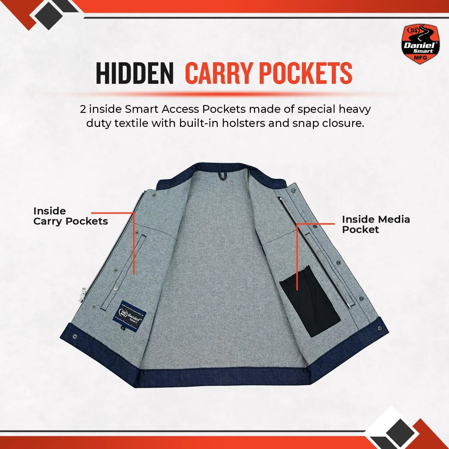 Daniel Smart Biker Vest for Men Rough Blue & Black Denim Vest with Unique Scoop Collar Design & Concealment Armory Pocket