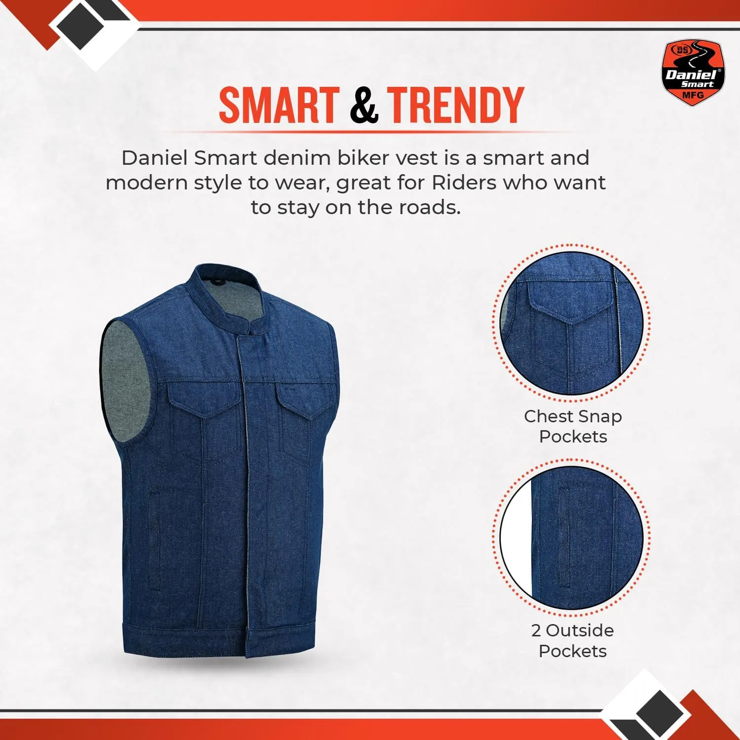 Daniel Smart Biker Vest for Men Rough Blue & Black Denim Vest with Unique Scoop Collar Design & Concealment Armory Pocket