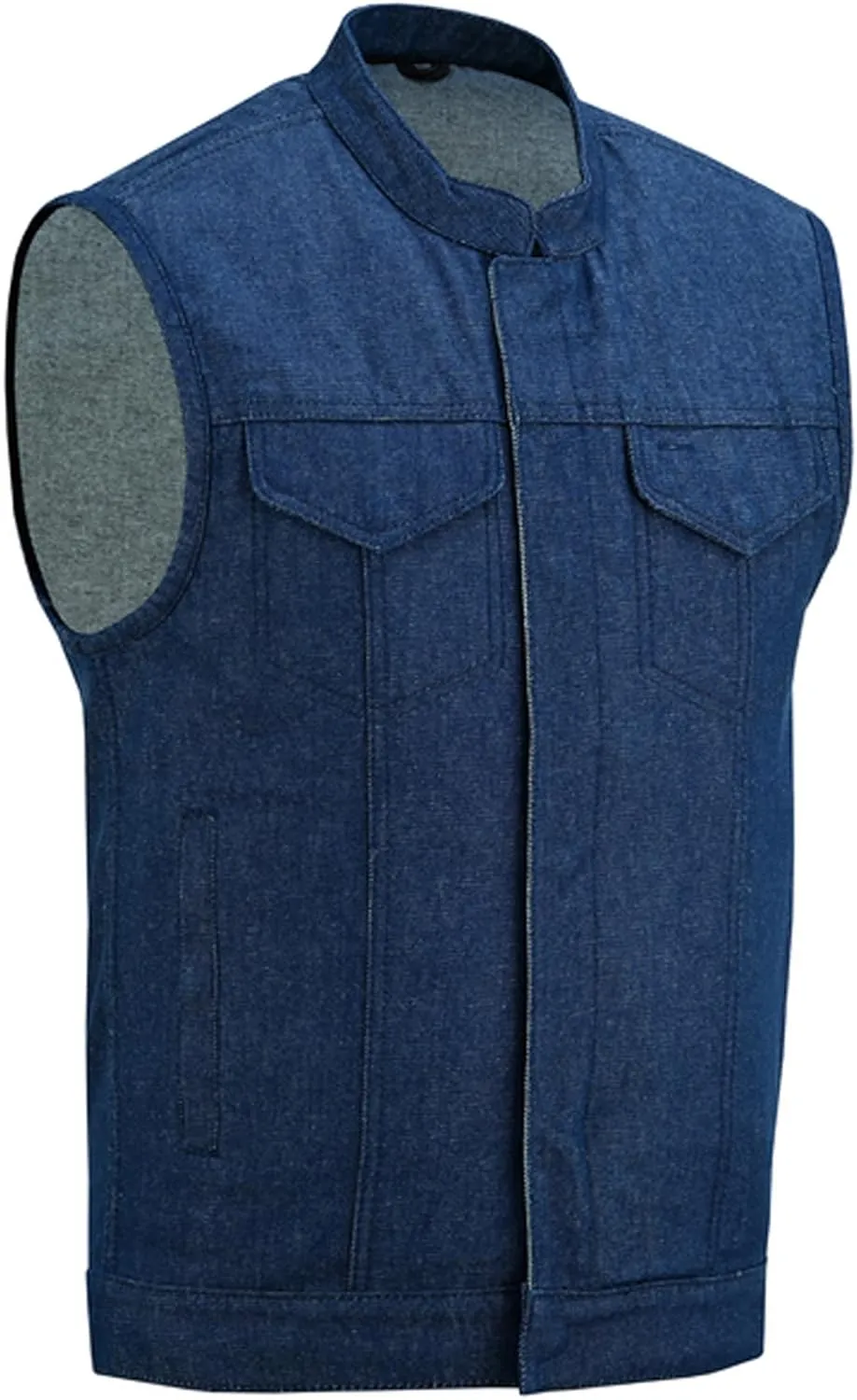 Daniel Smart Biker Vest for Men Rough Blue & Black Denim Vest with Unique Scoop Collar Design & Concealment Armory Pocket
