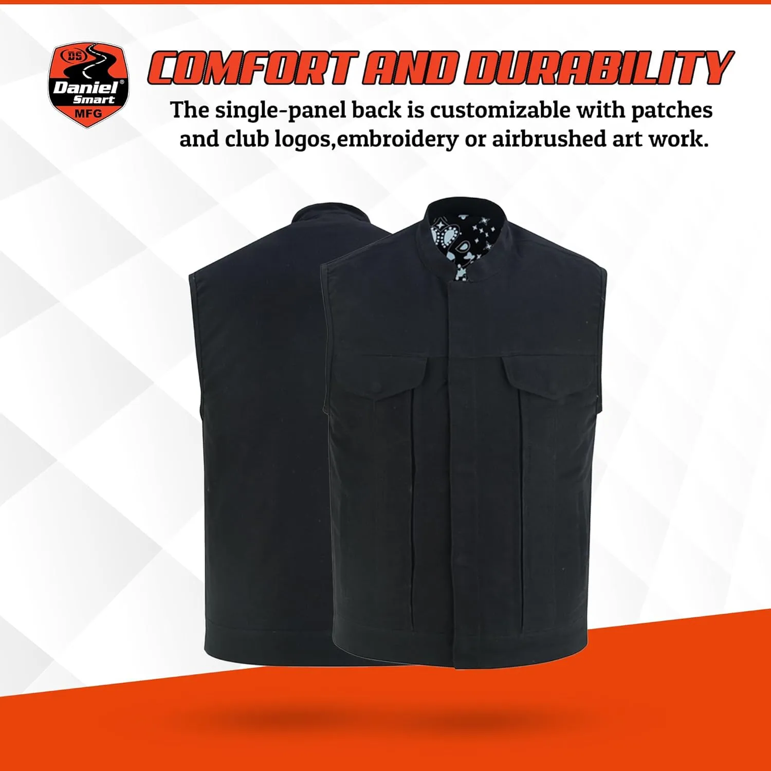 Daniel Smart Men Denim Vest Scoop Collar Motorcycle Vest for Men with Concealment Armory Pockets & Hidden Zipper