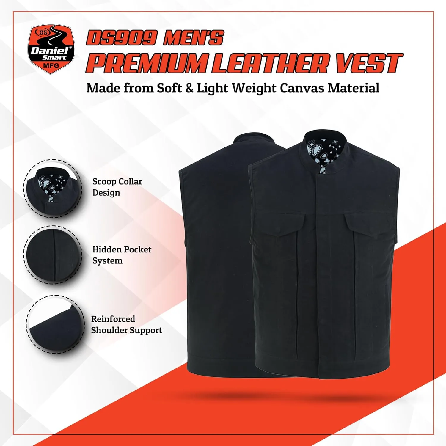 Daniel Smart Men Denim Vest Scoop Collar Motorcycle Vest for Men with Concealment Armory Pockets & Hidden Zipper