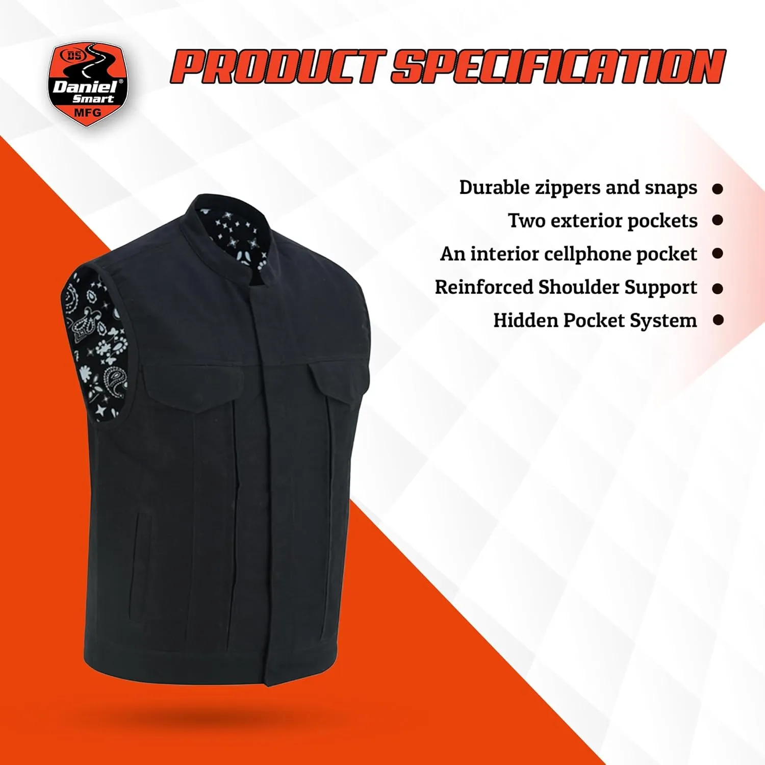 Daniel Smart Men Denim Vest Scoop Collar Motorcycle Vest for Men with Concealment Armory Pockets & Hidden Zipper