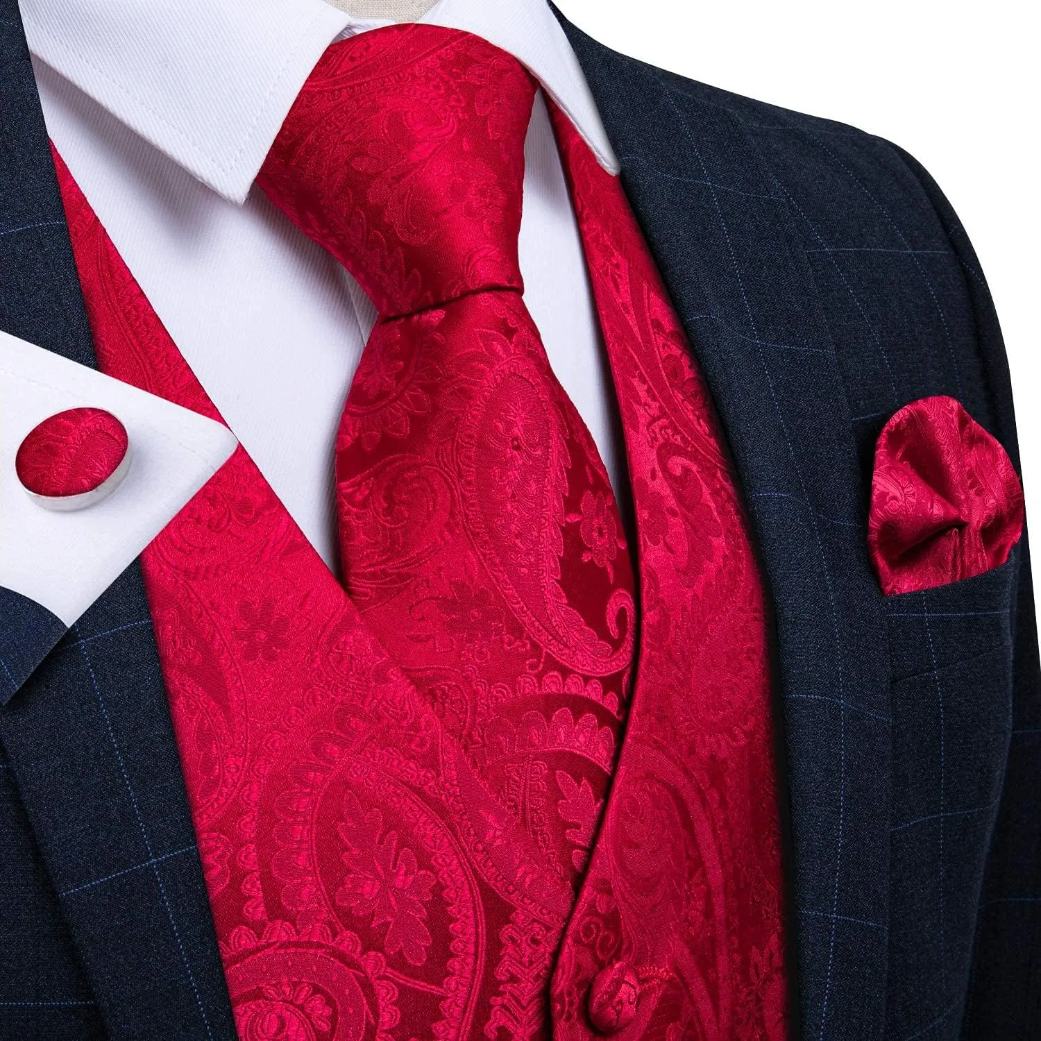 DiBanGu Mens Paisley Suit Waistcoat Silk Dress Vest and Necktie Pocket Square Cufflinks for Wedding Party