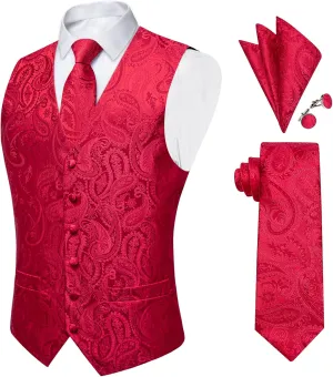 DiBanGu Mens Paisley Suit Waistcoat Silk Dress Vest and Necktie Pocket Square Cufflinks for Wedding Party