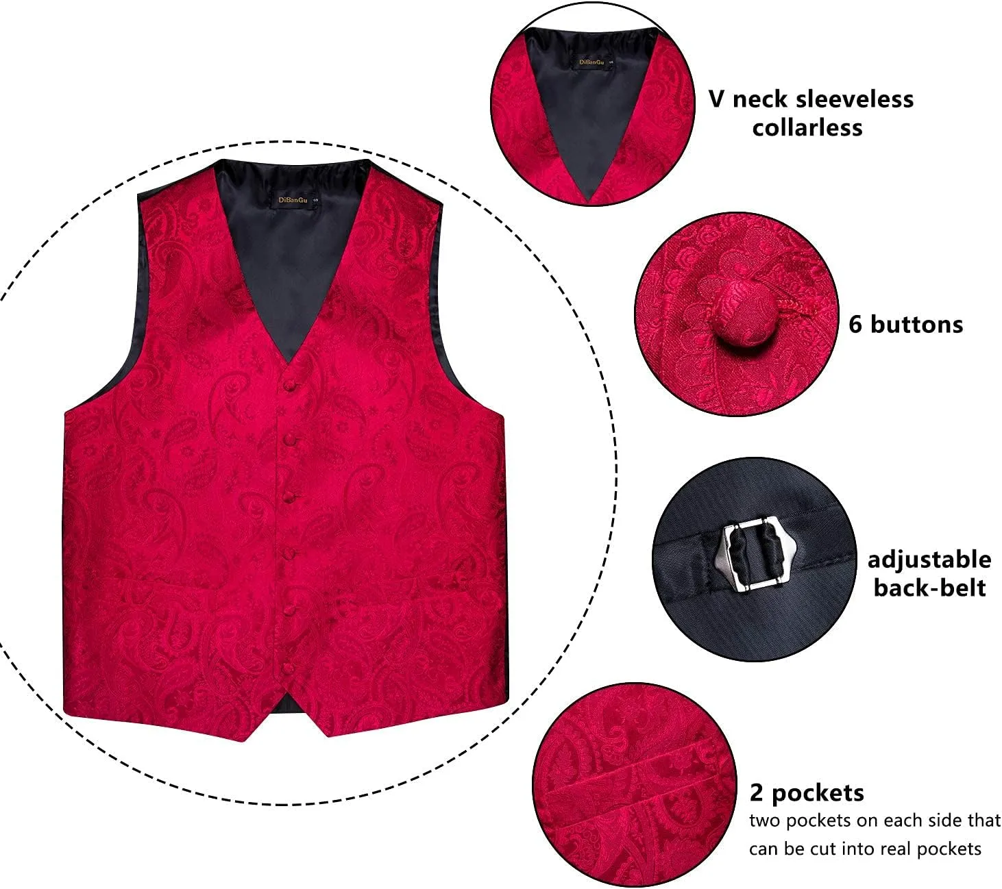 DiBanGu Mens Paisley Suit Waistcoat Silk Dress Vest and Necktie Pocket Square Cufflinks for Wedding Party