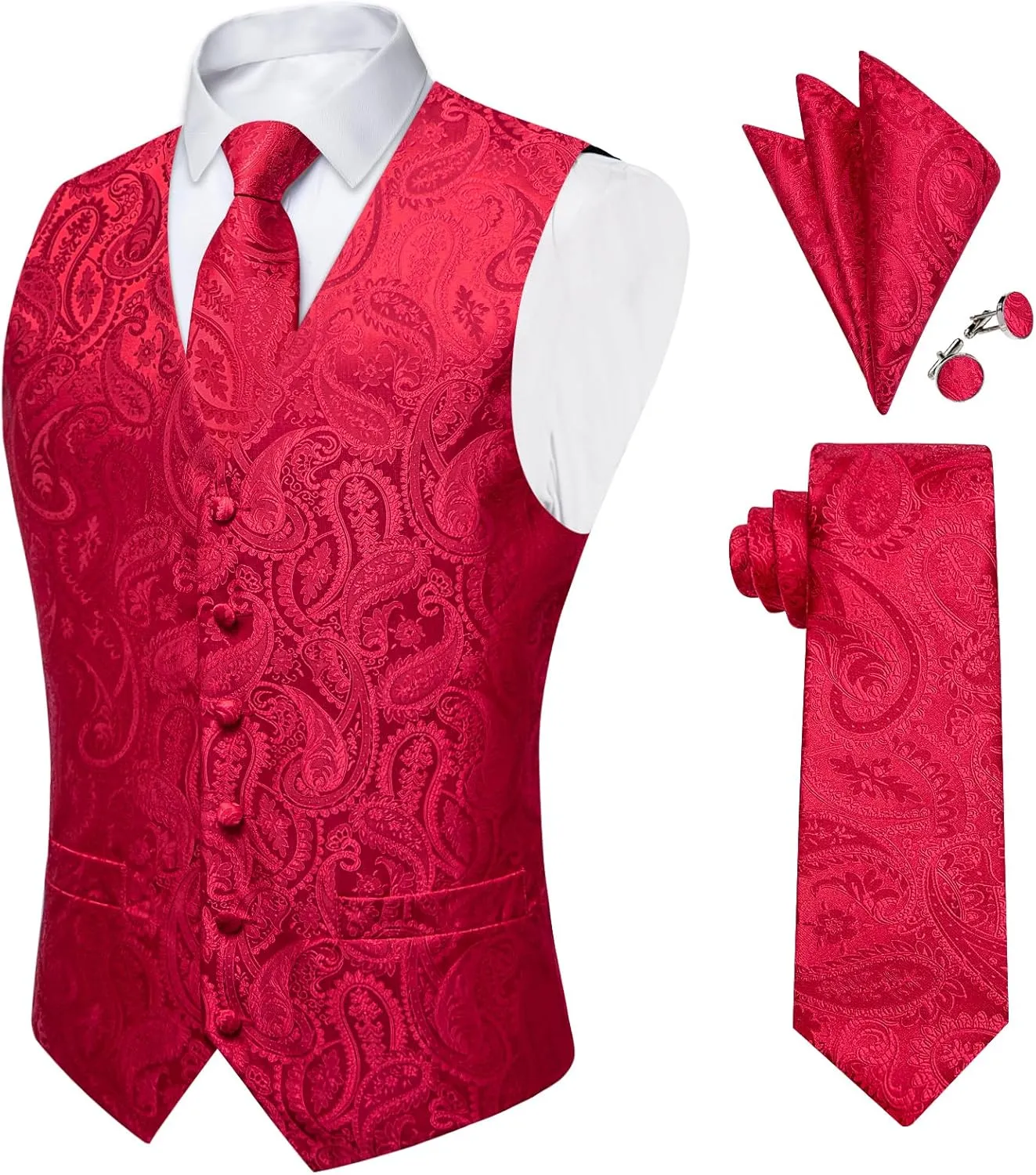 DiBanGu Mens Paisley Suit Waistcoat Silk Dress Vest and Necktie Pocket Square Cufflinks for Wedding Party