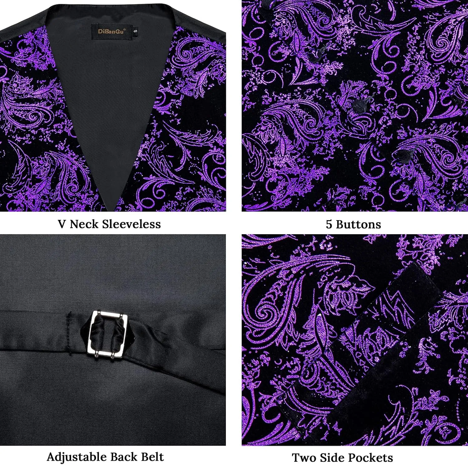 DiBanGu Mens Velvet Dress Waistcoat 6PCS Metallic Paisley Printed Suit Vest and Bowtie Set with Lapel Pin for Suit or Tuxedo