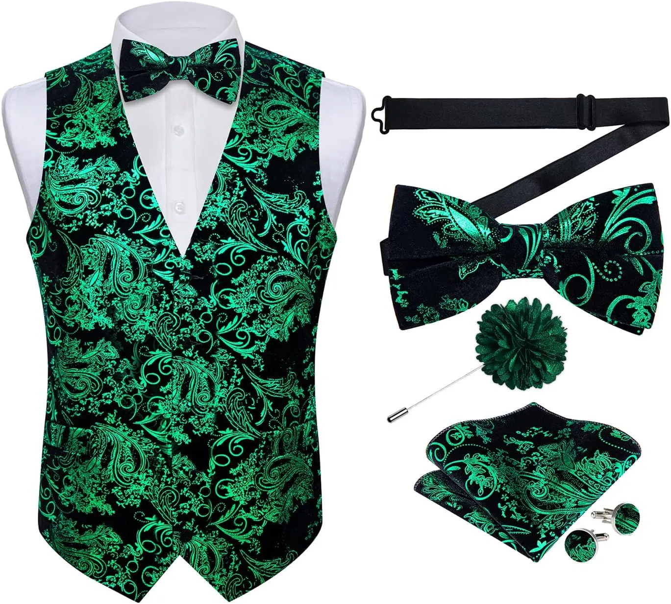 DiBanGu Mens Velvet Dress Waistcoat 6PCS Metallic Paisley Printed Suit Vest and Bowtie Set with Lapel Pin for Suit or Tuxedo