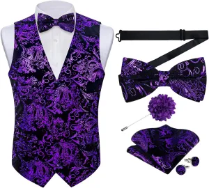 DiBanGu Mens Velvet Dress Waistcoat 6PCS Metallic Paisley Printed Suit Vest and Bowtie Set with Lapel Pin for Suit or Tuxedo