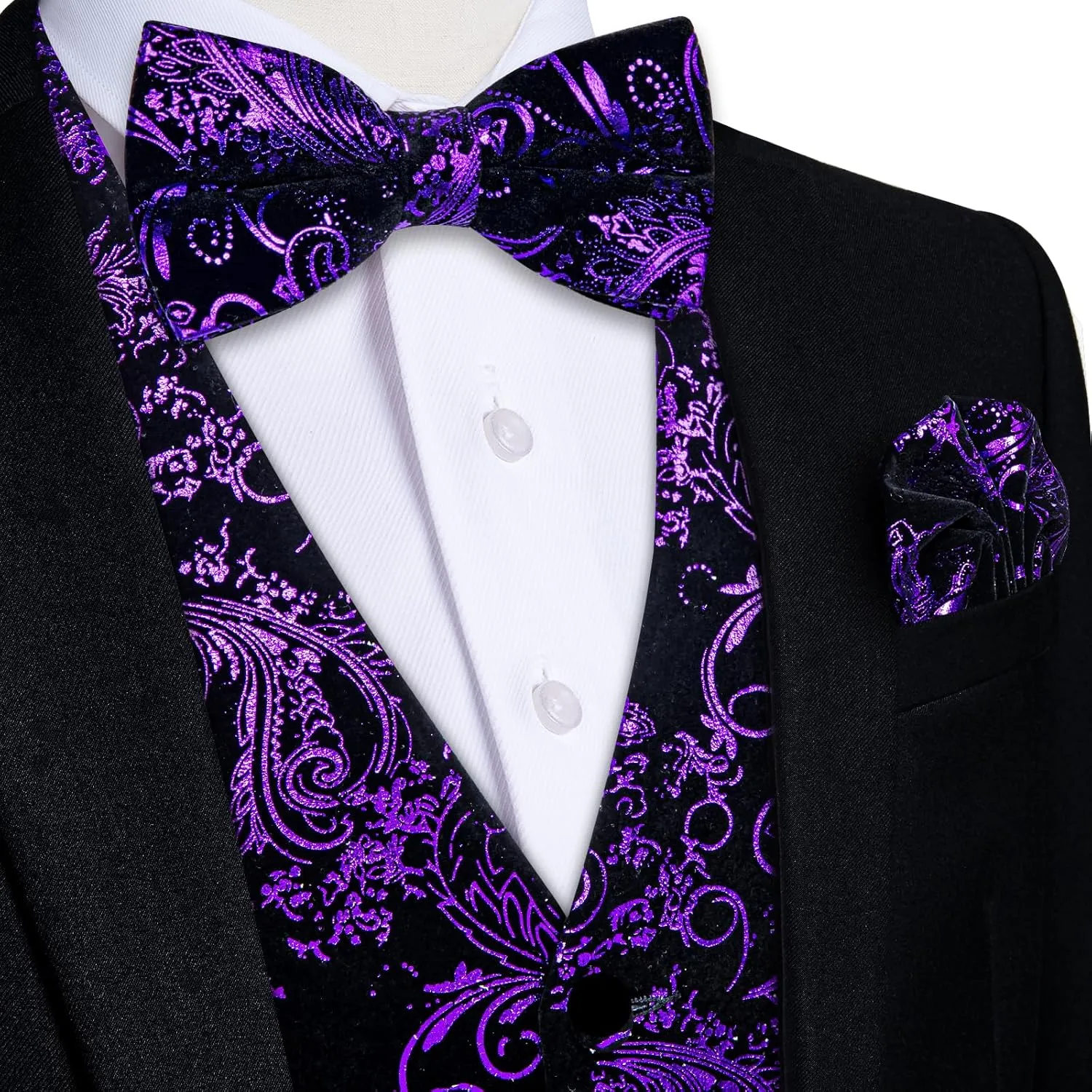 DiBanGu Mens Velvet Dress Waistcoat 6PCS Metallic Paisley Printed Suit Vest and Bowtie Set with Lapel Pin for Suit or Tuxedo