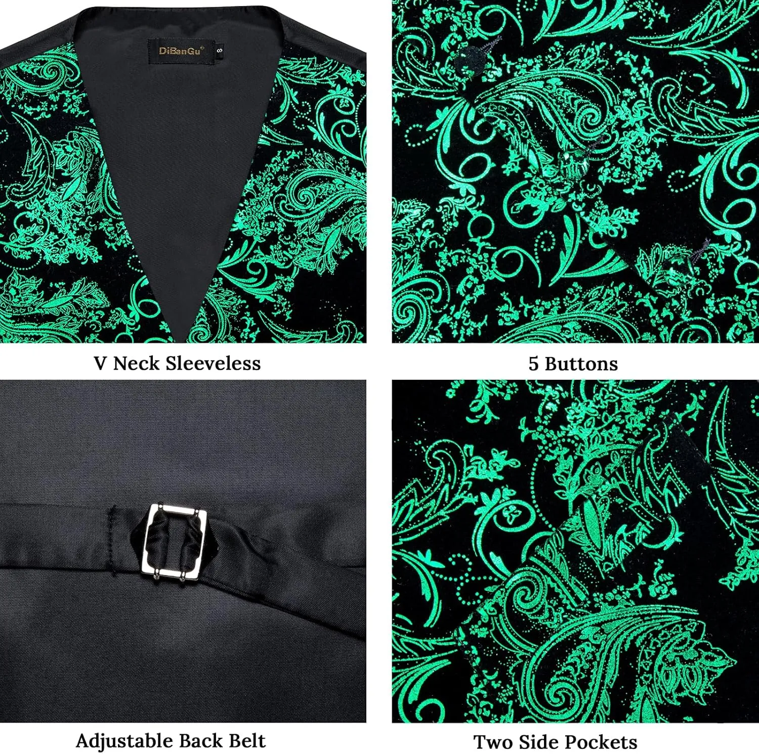 DiBanGu Mens Velvet Dress Waistcoat 6PCS Metallic Paisley Printed Suit Vest and Bowtie Set with Lapel Pin for Suit or Tuxedo