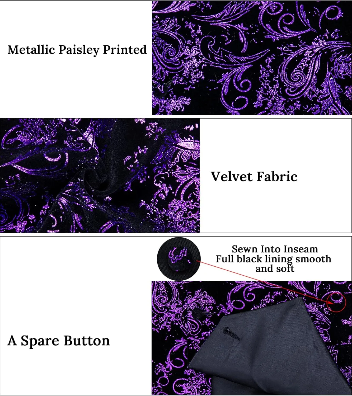 DiBanGu Mens Velvet Dress Waistcoat 6PCS Metallic Paisley Printed Suit Vest and Bowtie Set with Lapel Pin for Suit or Tuxedo